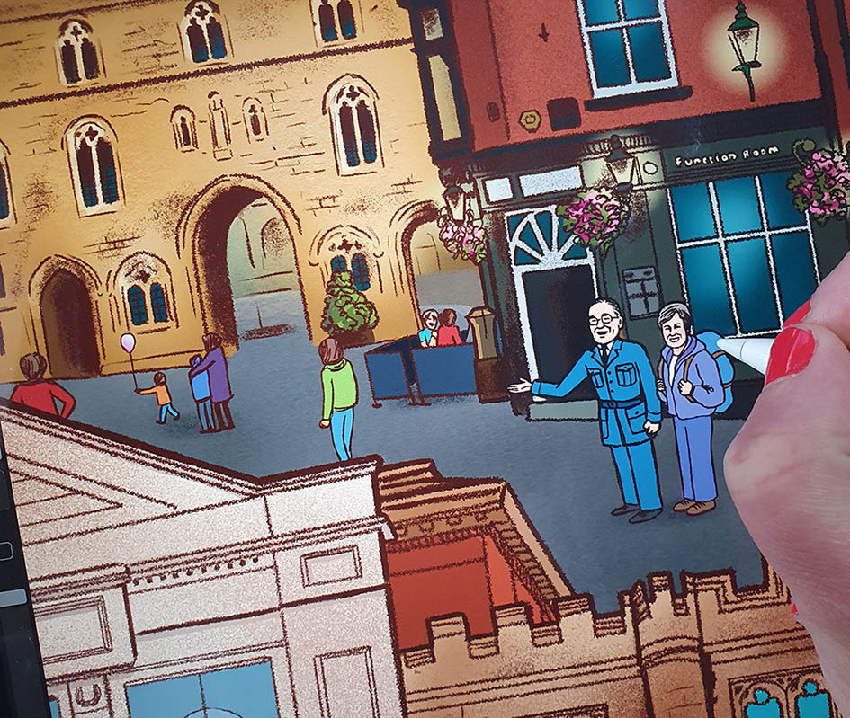 Mel Langton digitally hand drawing her Lincoln art scene.